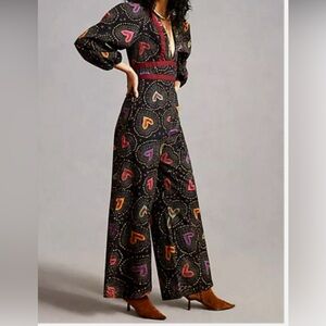 Farm Rio x Anthropologie Deep-V hearts printed jumpsuit NWT
